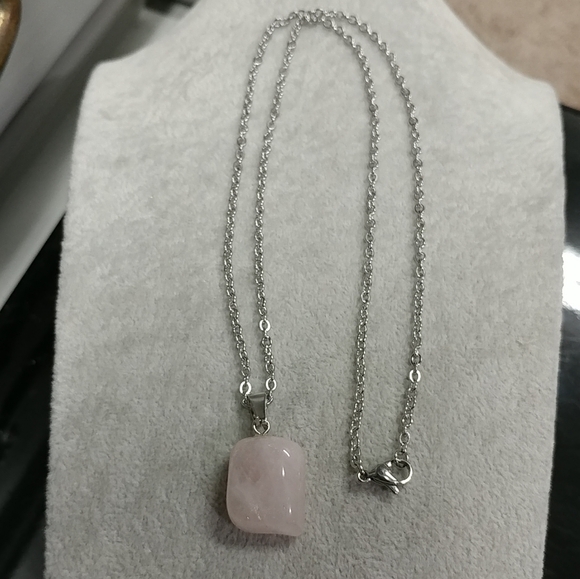Rose Quartz Necklace Natural Gemstone Crystal Pendant Stainless-Steel Chain Pink - Picture 7 of 16